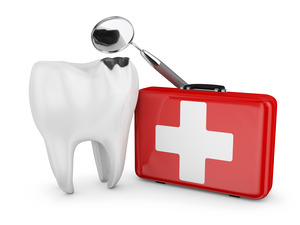 Illustration of decayed tooth, dental mirror, and medical kit