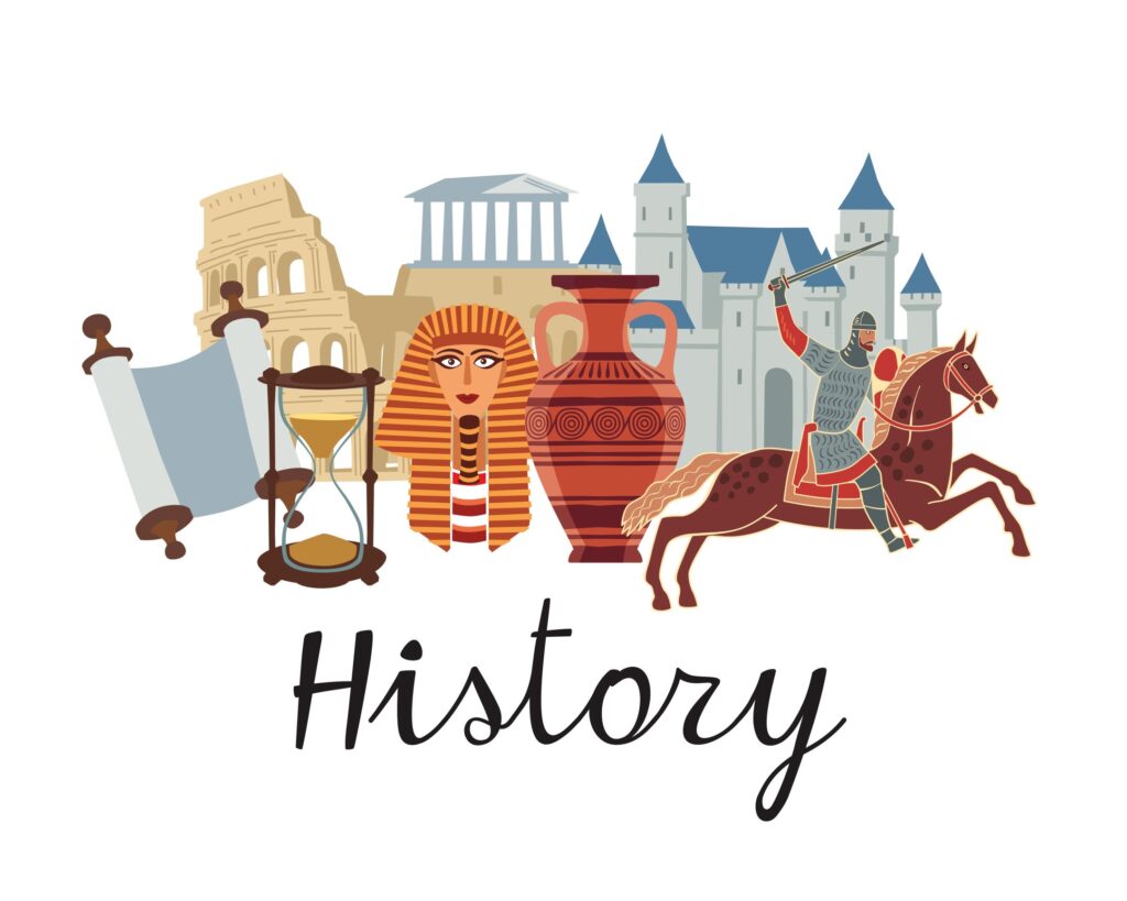 Various images of historical periods above script type "History"